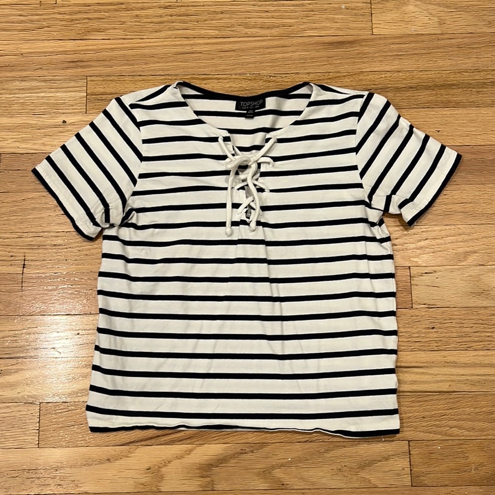 Topshop Blue & White Stripe T-Shirt with Lace-up V-neck